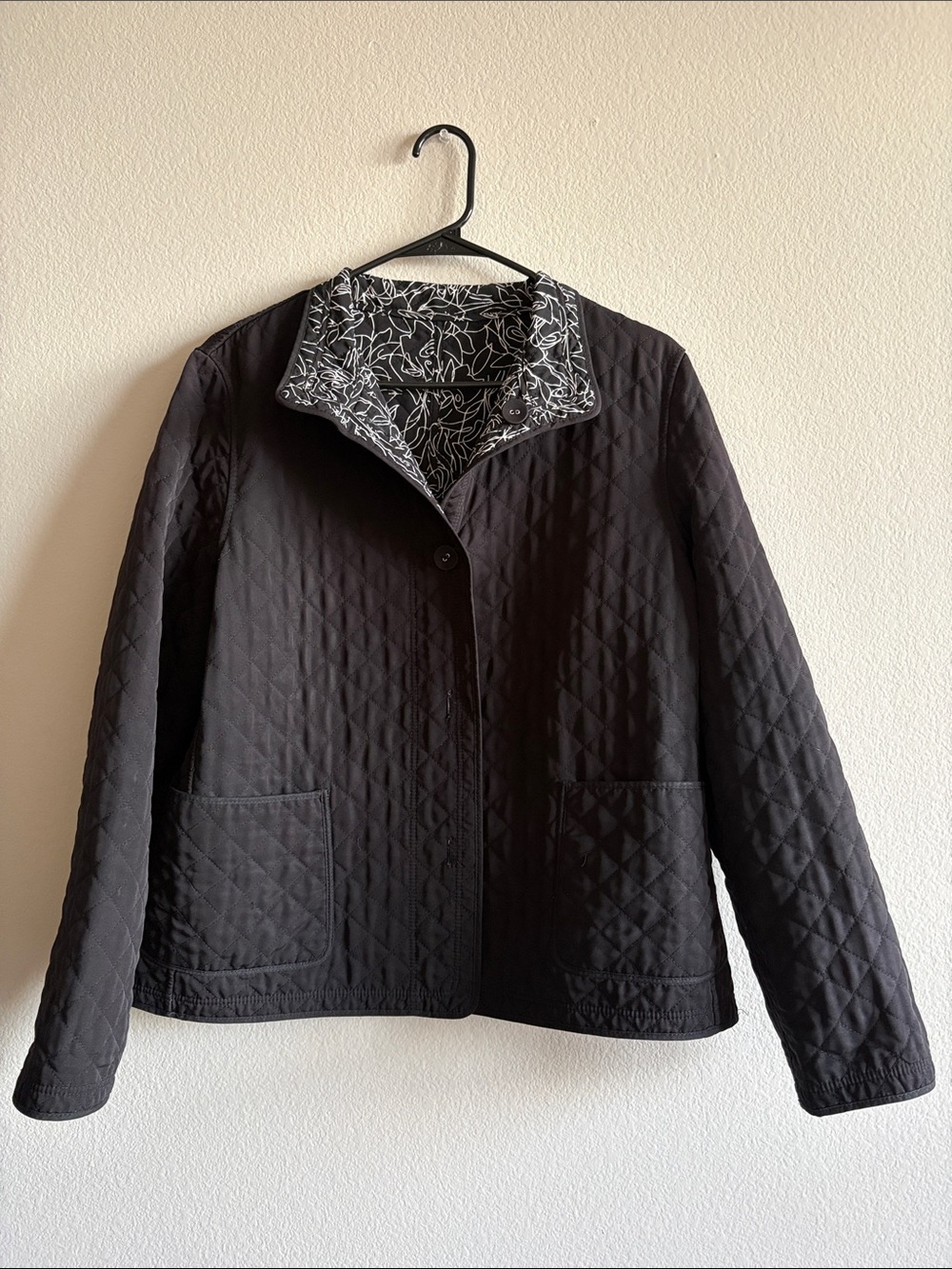 Talbots Teversible Quilted Utility Jacket Black Pockets Button Front Size XL